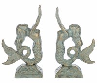 8" Verdigris Mermaid Metal Bookends