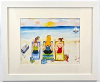 18" x 22" Three Girlfriends Sitting on the Beach Framed Wall Art Under Glass