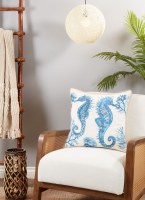 20" Sq Blue Embroidered Two Seahorses Decorative Coastal Pillow