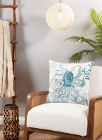 20" Sq Blue Embroidered Octopus Decorative Coastal Pillow