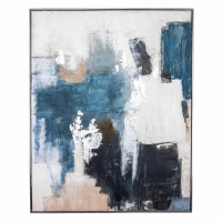 50" x 40" Blue, Black, and White Abstract Framed Canvas