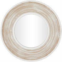 35" Round Beige and White Wood Mirror