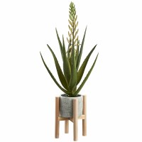 24" Faux Bloom Agave in a Cement Pot on a Wood Stand