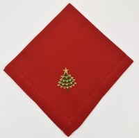 20" Sq Red Napkin With a Green and Gold Christmas Tree