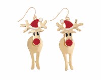 Gold Toned and Red Reindeer Earrings