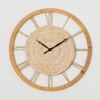 23" Round Natural Rattan and Gold Metal Wall Clock