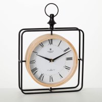 12" Natural Wood and Black Metal Clock