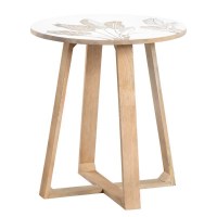 22" Round White and Natural Tropical Leaf End Table