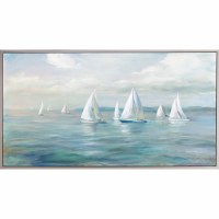 32" x 62" Eight White Sailboats Coastal Framed Canvas