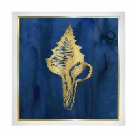 14" Sq Gold Whelk Shell on a Blue Background Coastal Gel Textured Print in a White Frame