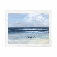 36" x 46" Three Birds on a Dark Blue Beach Coastal Gel Framed Print
