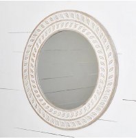 31" Round White Wash Leaf Vines Wood Mirror