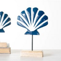 9" Blue and White Wood Scallop Shell on a Stand