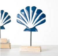 7" Blue and White Wood Scallop Shell on a Stand