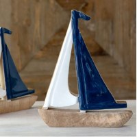 10" Blue and White Wood Sailboat Statue