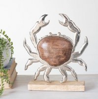9" Silver and Brown Wood and Metal Crab Statue