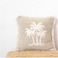 20" Sq Tan Palm Tree Fringe Coastal Decorative Pillow