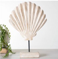11" White Wash Wood Scallop Shell on a Stand
