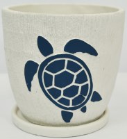 6" White and Navy Sea Turtle Pot With a Saucer
