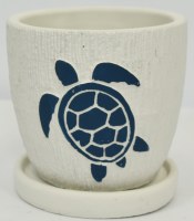 4" White and Navy Sea Turtle Pot With a Saucer