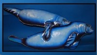 18" x 42" Blue Manatee With Baby Coastal Metal Wall Art Plaque