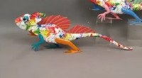 31" Red Spine and Mulitcolor Metal Lizard Statue