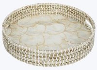 14" Round Natural Capiz and Rattan Tray With Handles