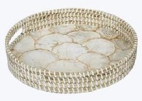 Small Round Natural Capiz and Rattan Tray With Handles