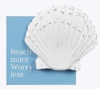 4" Sq White Scallop Shell and "Beach More, Worry Less" Blue Coastal Sitting Sign