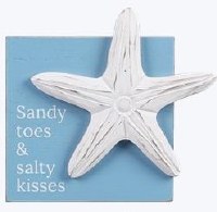 4" Sq White Starfish and "Sandy Toes & Salty Kisses" Blue Coastal Sitting Sign