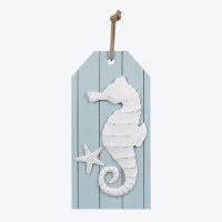 20" x 10" Distressed White Seahorse on Light Blue Coastal Wall Plaque