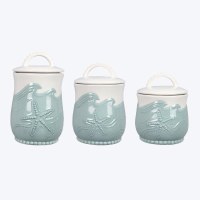 Set of Three Green Waves Ceramic Canisters