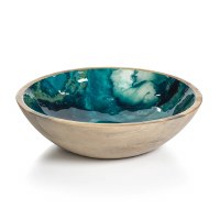 11" Round Brown and Blue Wood Bowl