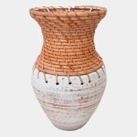 11" Natural Rattan Top and White Wash Ceramic Base Vase