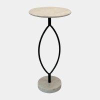 12" Round White Marble Top and Black Metal Leg End Table