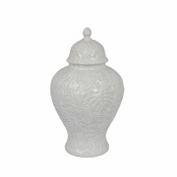 13" White Tropical Leaf Ceramic Ginger Jar