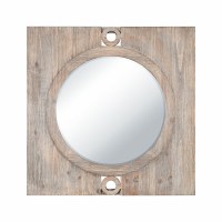 34" Sq Whitewash Circle Glass in Square Wood Mirror