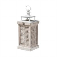 17" White Wash Wood and Rattan Square Lantern