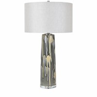 31" Gray and Gold Drip Ceramic Column Table Lamp