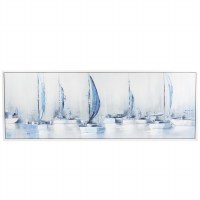 24" x 65" Blue and White Sailboats Framed Coastal Canvas