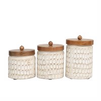 Set of Three Distressed White Canisters With Brown Wood Lids