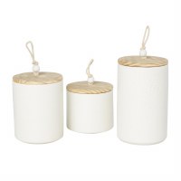 Set of Three White Textured Canisters With Wood Lids