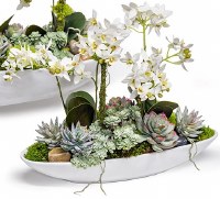 14" Faux White Mini Orchids and Succulents With Shells in a Bowl