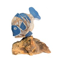 7" Blue and Whitewash Fish on Wood Statue