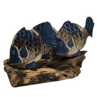 9" Three Blue and White Wash Fish on Dirftwood Statue