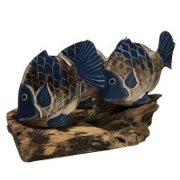 9" Three Blue and Whitewash Fish on Dirftwood Statue