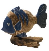 10" Blue and White Wash Round Fish on Dirftwood Statue