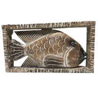 12" x 23" White Wash Fish in a Rectangle Wood Wall Art Plaque