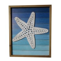 17" x 14" Distressed White Starfish on Blue Background Coastal Wood Wall Art Plaque
