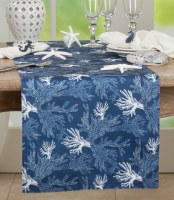 16" x 72" Dark Blue and White Coral Coastal Table Runner